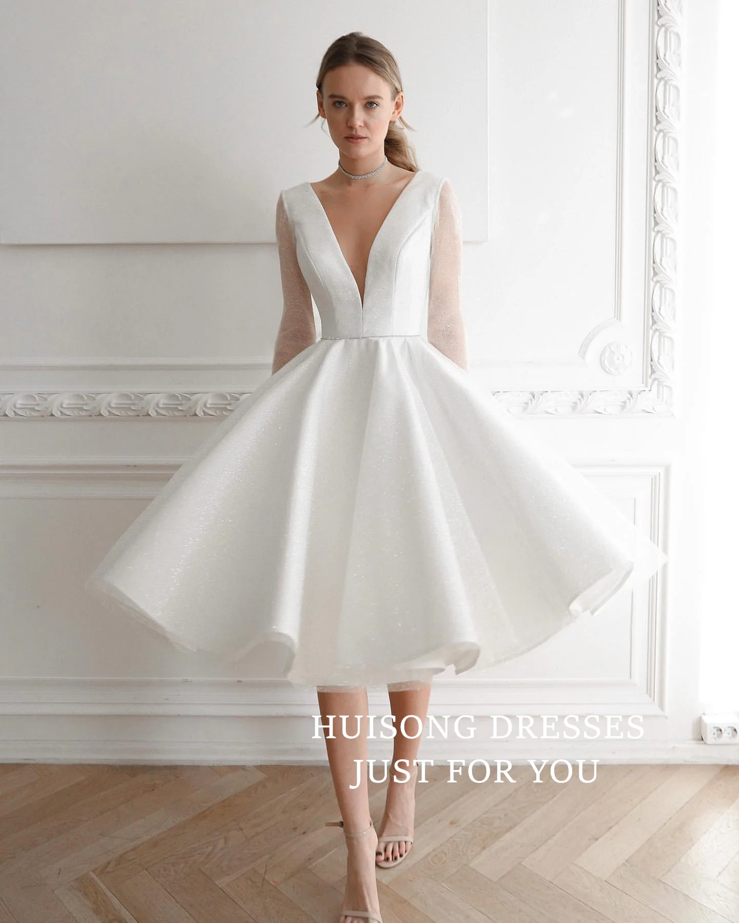 

HUISONG Customized Vestidos De Novia Midi Glitter Tulle Wedding Dress V-Neck Long Sleeves A-Line Tea-Length Civil Bridal Gown