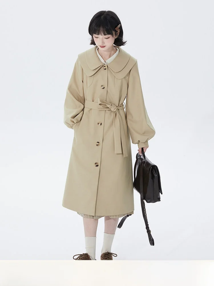 

Женская ветровка цвета хаки с двойным воротником, средней длины, свободного кроя, с рукавами-фонариками, модная осенняя верхняя одежда