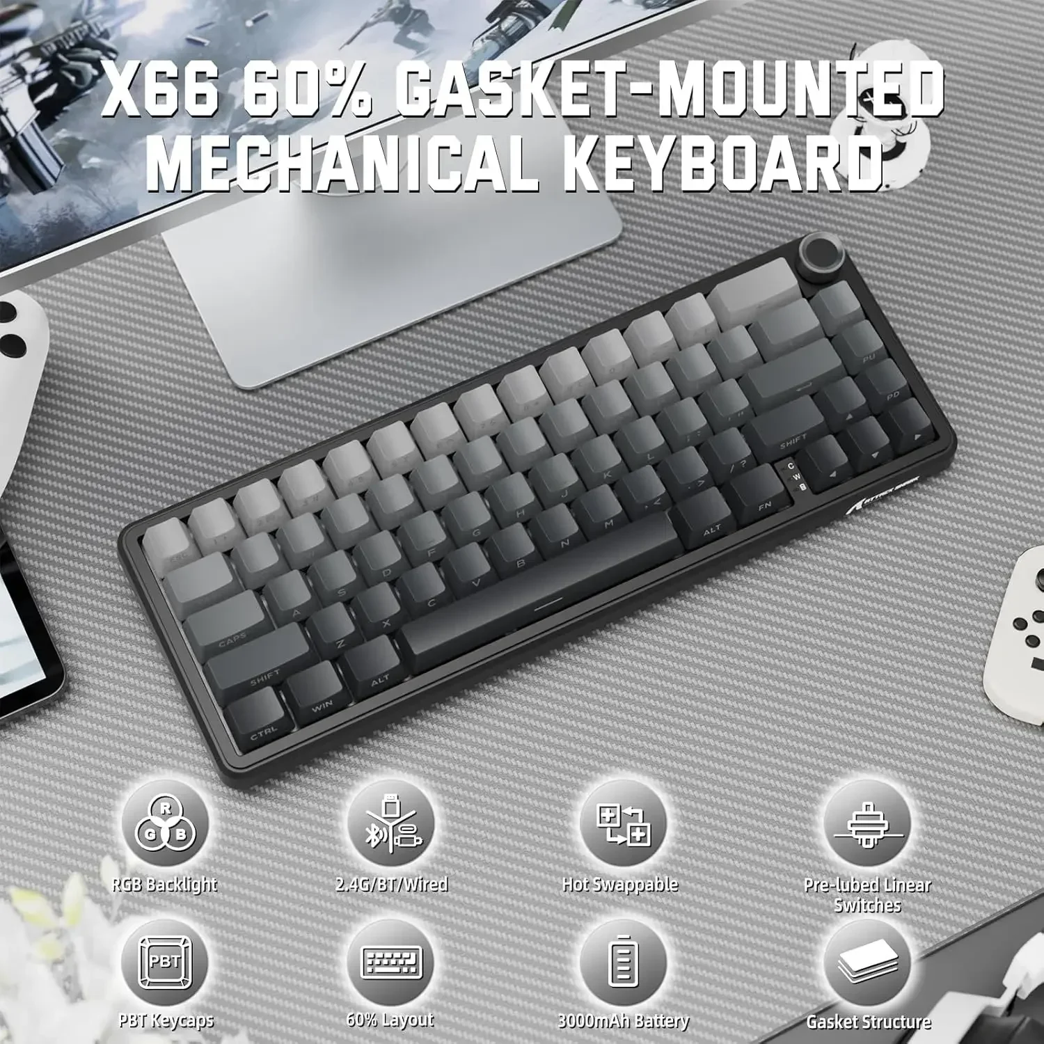 Attack Shark X66 Wireless Mechanical Keyboard 60% Layout Full Key Conflict-free Macro Defined Wired Hot-swappable Keyboard