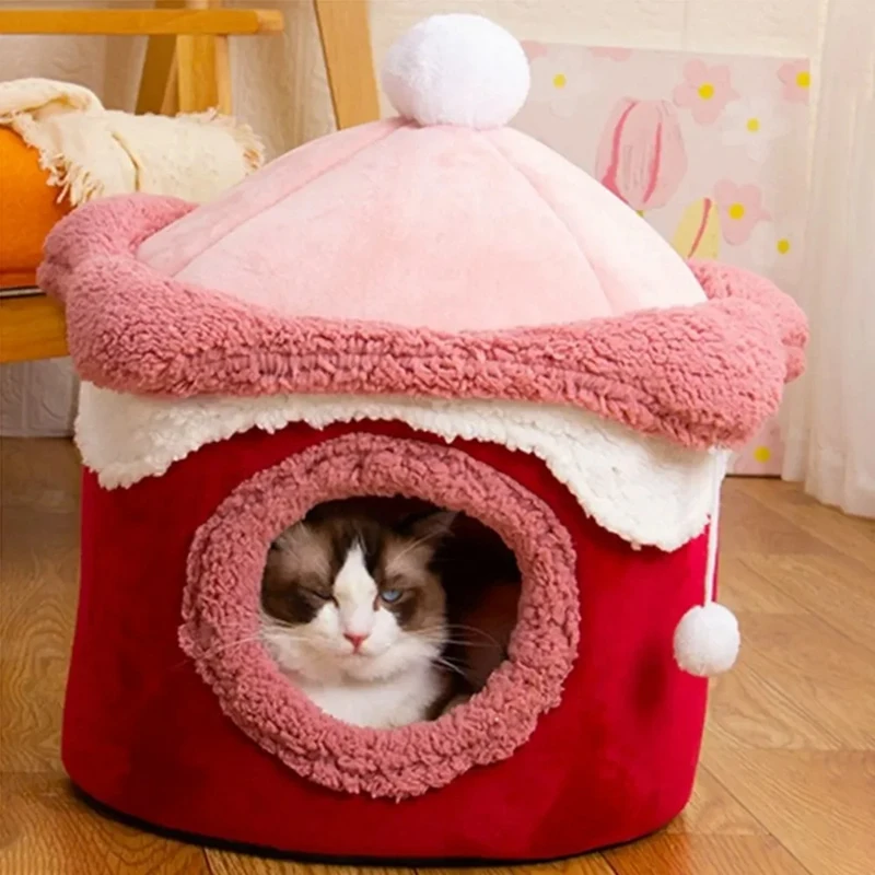 Cat Dog House Cave Warm Winter Deep Sleep Pet Nest Geometric Ice Cream House Fun Comfort Nest For Small Red 40X40cm Easy Install