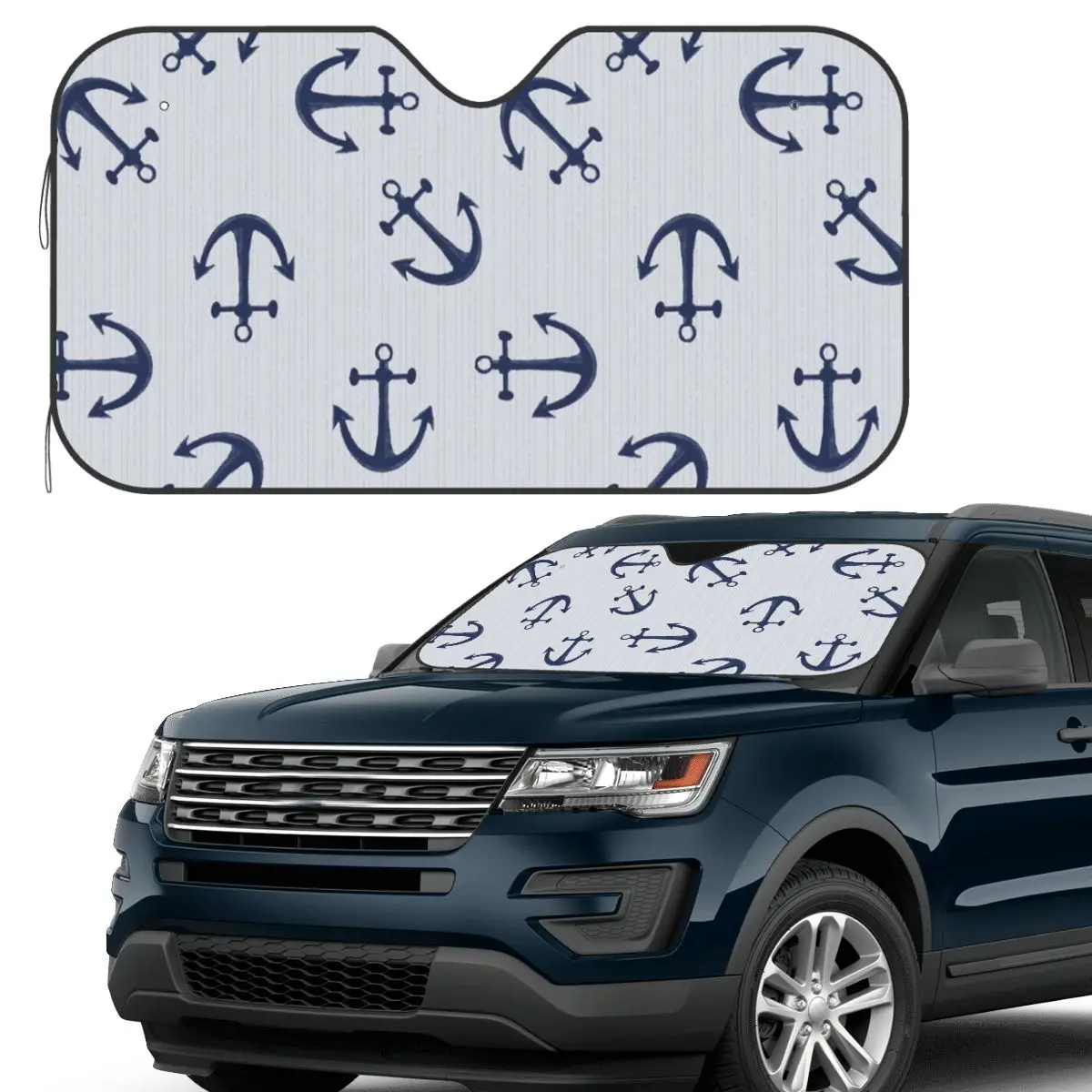 

Maritime Pattern Of Blue Anchors On Light Gray Sunshade Windscreen Car Front Windshield Window Sun Visor Accessories Covers