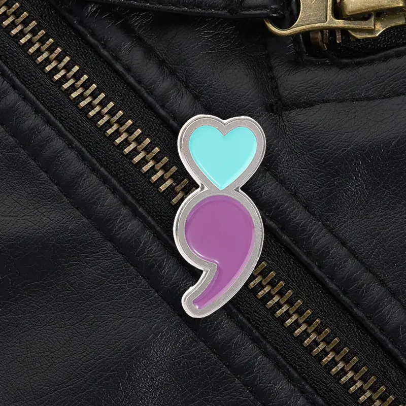 Heart Semicolon Enamel Pin Silver Border Mental Health Brooch for Suicide Prevention Awareness and Gift