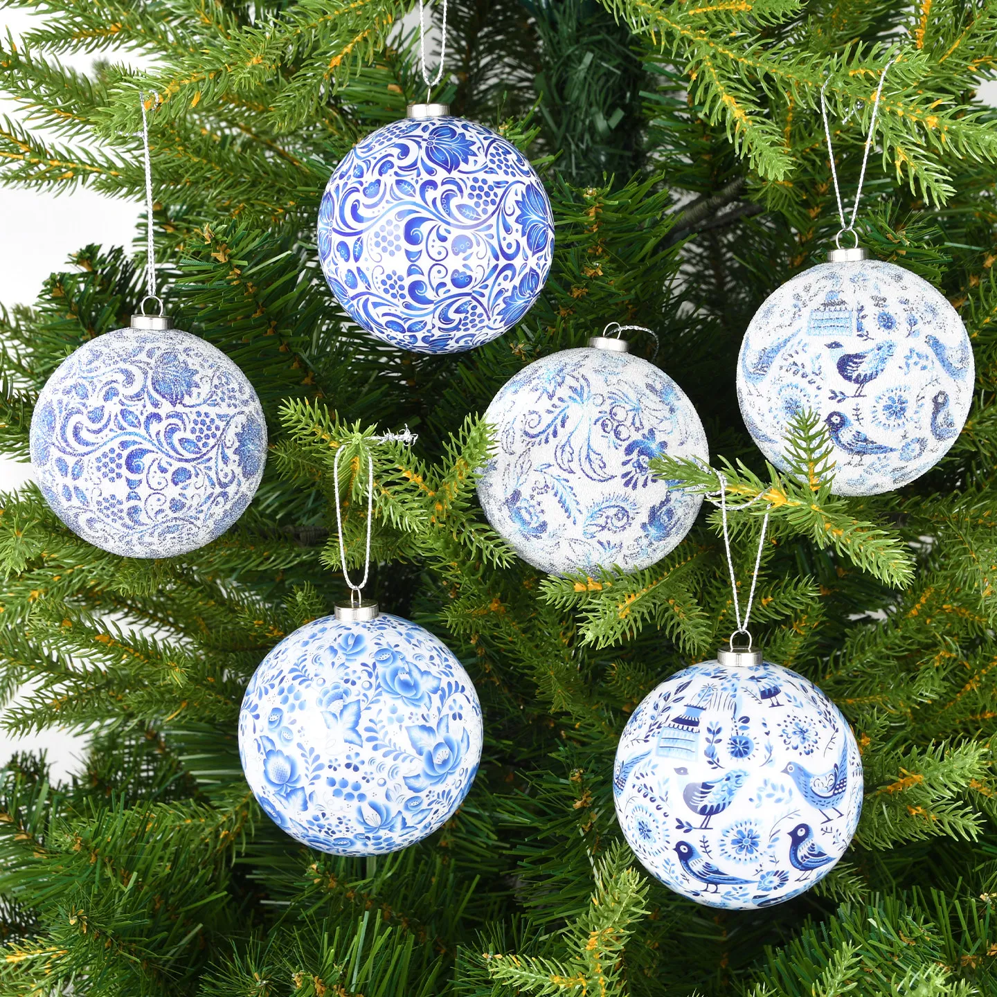 Blue and white porcelain blue and white printed Christmas ball creative flower and bird pattern foam view 3