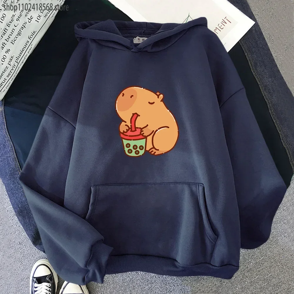 Cute Capybara Drinking Bubble Tea Hoodies Women Cartoon Animal Print Sweatshirt Autumn Winter Long Sleeve Casual Y2k Clothes Men