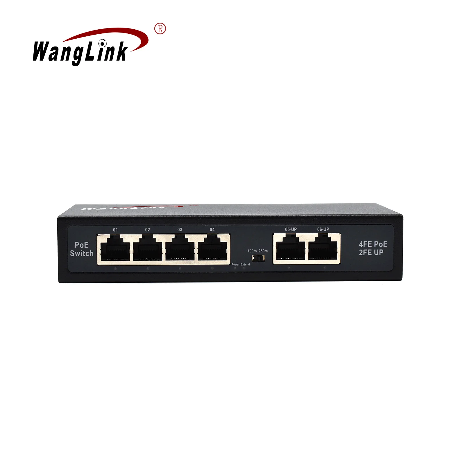 

Wanglink-OEM 4 Port PoE Switch with 2 100Mbps Uplink 65W External Power Supply, Vlan 250m AI Watchdog 6KV Lighting Protection