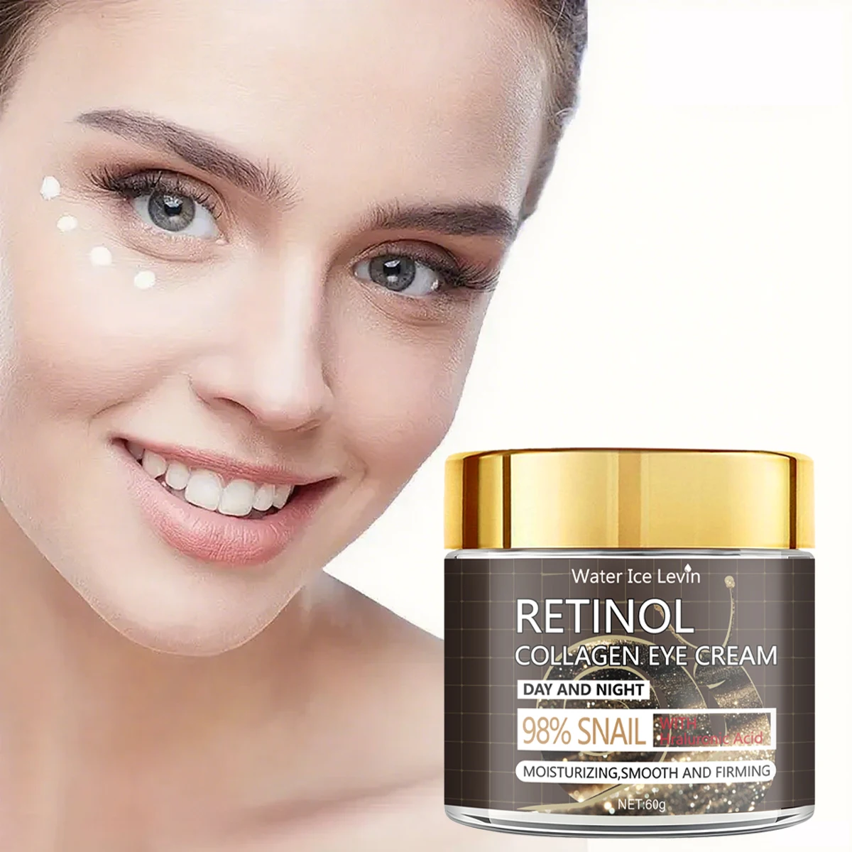 Crema para ojos Water Ice Levin Retinol y 98% de colágeno de caracol: uso diurno y nocturno para una hidratación profunda, suaviza y reafirmante.