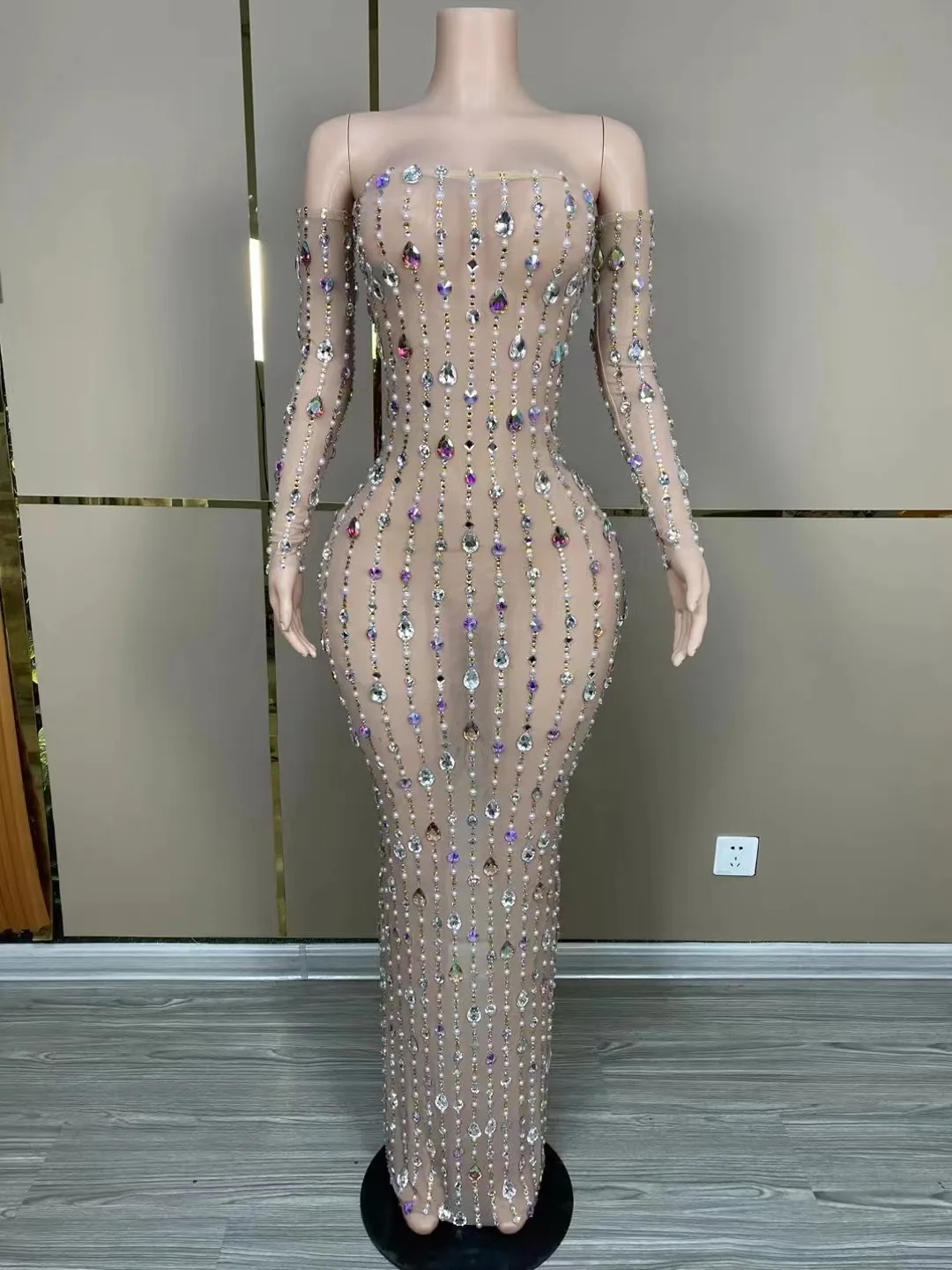 Robe de Soirée en Maille Transparente pour Chanteur, Vêtement de Scène Sexy avec Gants et Diamants