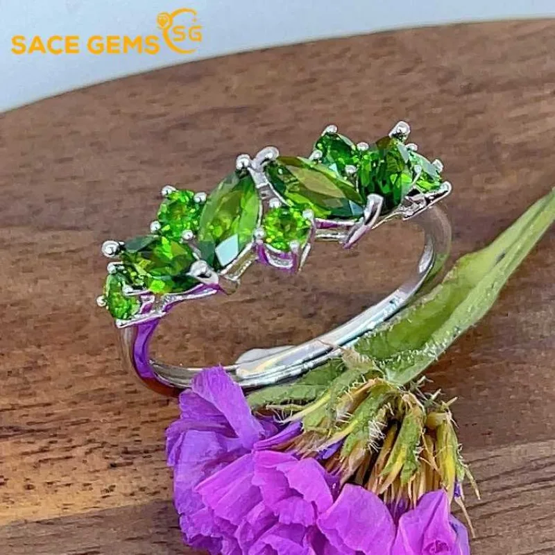 

SACE GEMS New Luxury 925 Sterling Silver 3*6MM Natural Diopside Gemstone Rings for Women Engagement Cocktail Party Fine Jewelry