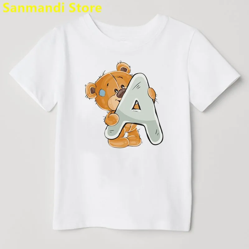 

Alphabet A-Z 26 Letter Print Tshirt Girls/Boys Cute Bear Graphic T Shirt Kids Clothes Kawaii Children Clothing Birthday Gift