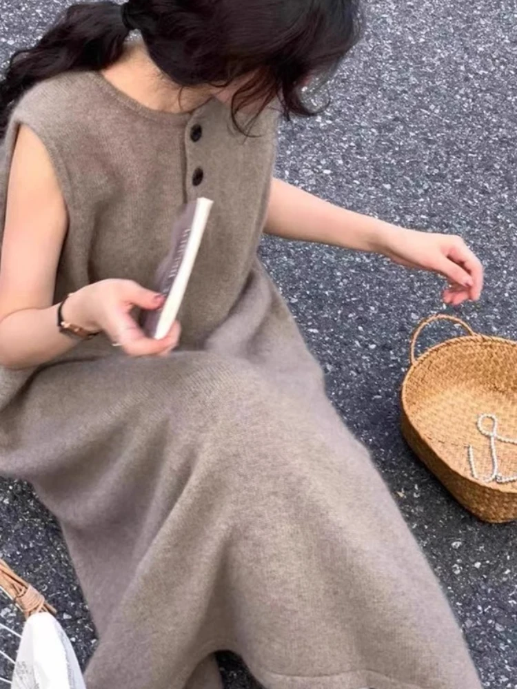 Sleeveless Dresses for Women Korean Style Loose O-neck Ins Simple Spring Autumn Warm Knitted Mid-calf Young Chic College Elegant