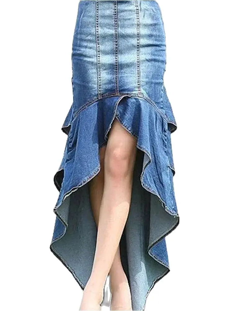 Women Ruffle Asymmetric Denim Skirt High Waist Vintage Casual Sexy Skinny Chic Fashion Female Denim Tight Fitting Long Skirts