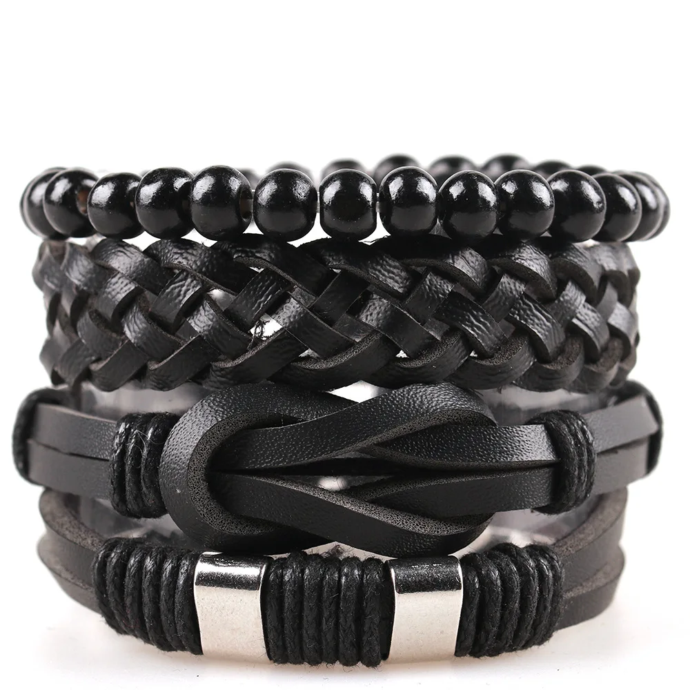 Fashionable Commuter Bracelet Men Black Knot Beaded Set of Four Pieces Multi layer Leather Handwoven Handmade Ornament Bracelet