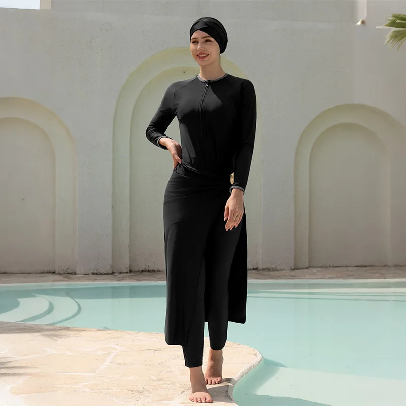 New Women 4‑Piece Burkini Modest Swimsuit Long‑Sleeve Zip‑Up Top Full‑Length Pants Wrap Skirt Hijab Islamic Black Beach Swimwear