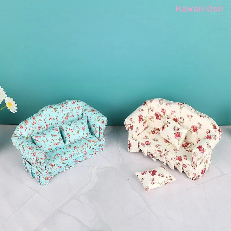 1 Set 1:12 Dollhouse Double Sitting Sofa With Pillow Kit Doll House Furniture Simulation Miniature Living Room Pretend Play
