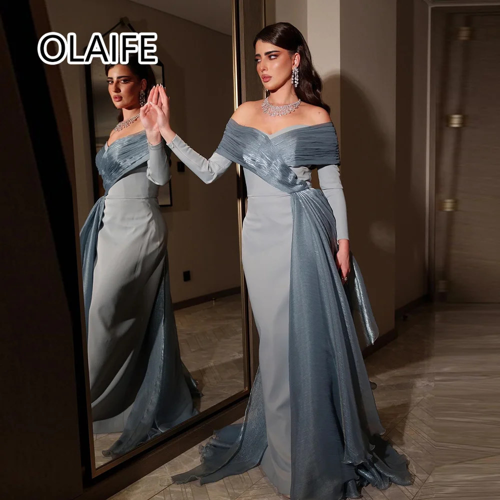 Off-Shoulder Satin Sheath Saudi Arab Bridesmaid Dress Long Sleeve Pleated Women's Prom Evening Gown with Sweep Train Customized