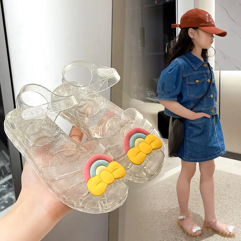 Summer New Children Sandal Slippers Girls Rainbow Bow Cartoon Crystal Jelly Sandal Princess Shoes Baby Kids Roman Beach Shoes