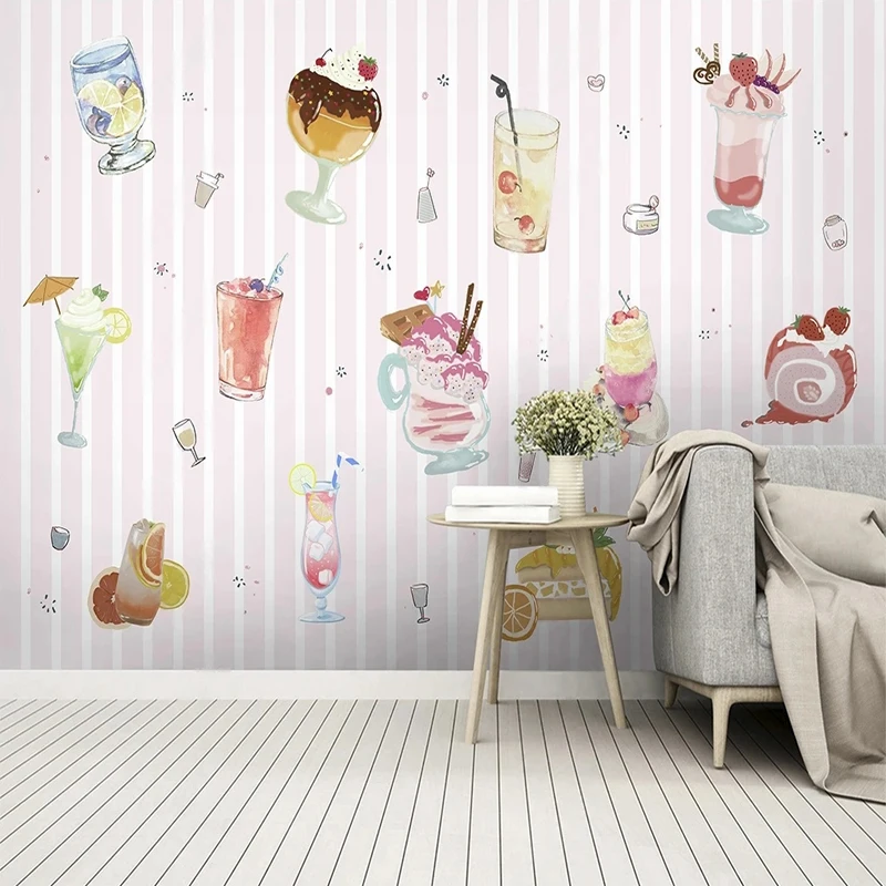 

Custom 3D Wallpaper Cartoon Drink Ice Cream Cake Painting Wall Mural for Dessert Shop Children's Background Room Decoration