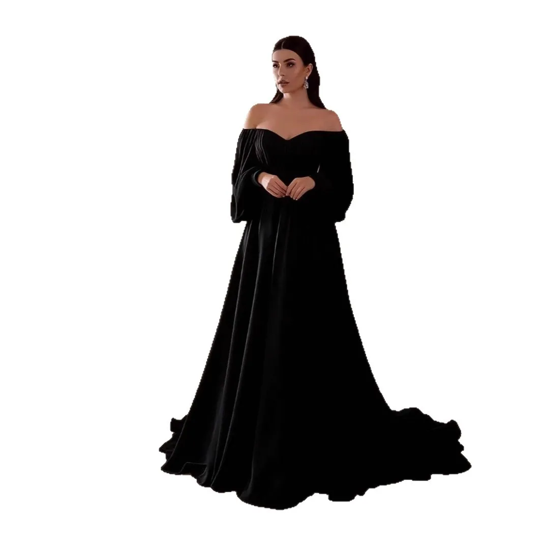 Langes Damenkleid, schulterfrei, langärmelig, Chiffon-Kleid, Hochzeit, Brautjungfer, Partykleid