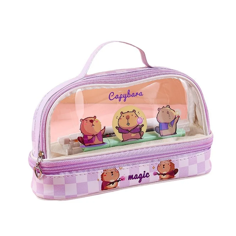 Double-Layer Transparent Pen Case Large Capacity Kapibala Pencil Bag for School Stationary Organizer Students Kids
