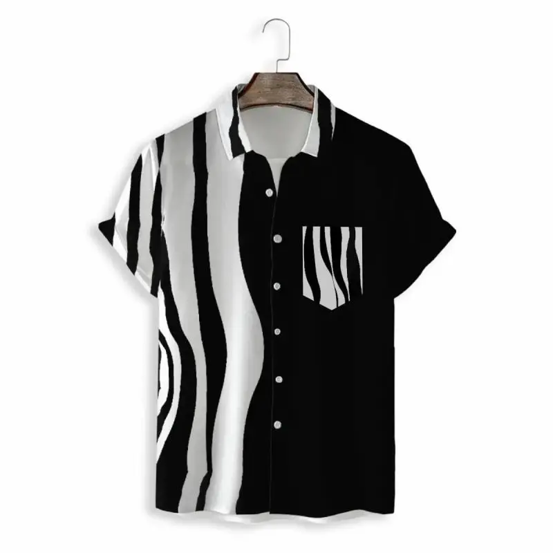 

2024 Summer Korean Version Slim Fit Personalized Print Black and White Striped Shirt Casual Loose Short Sleeved Shirt for Men