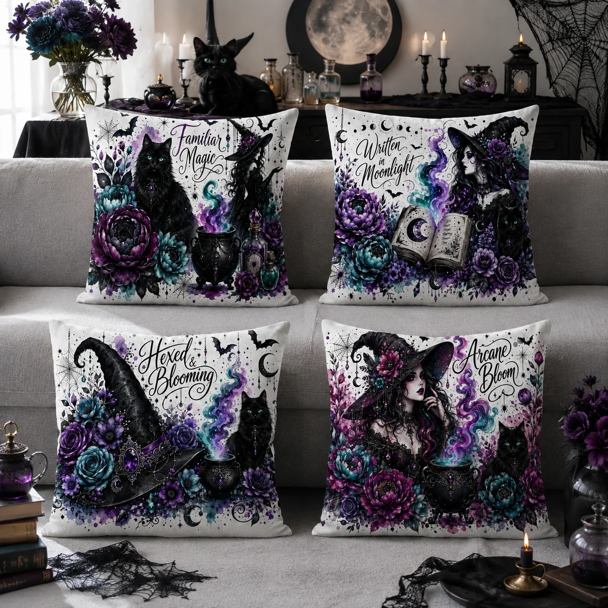 Familiar Magic Witch Cat Cushion Cover Double-Sided Plush Sofa Cushion Covers Organic Breathable Invisible Zipper