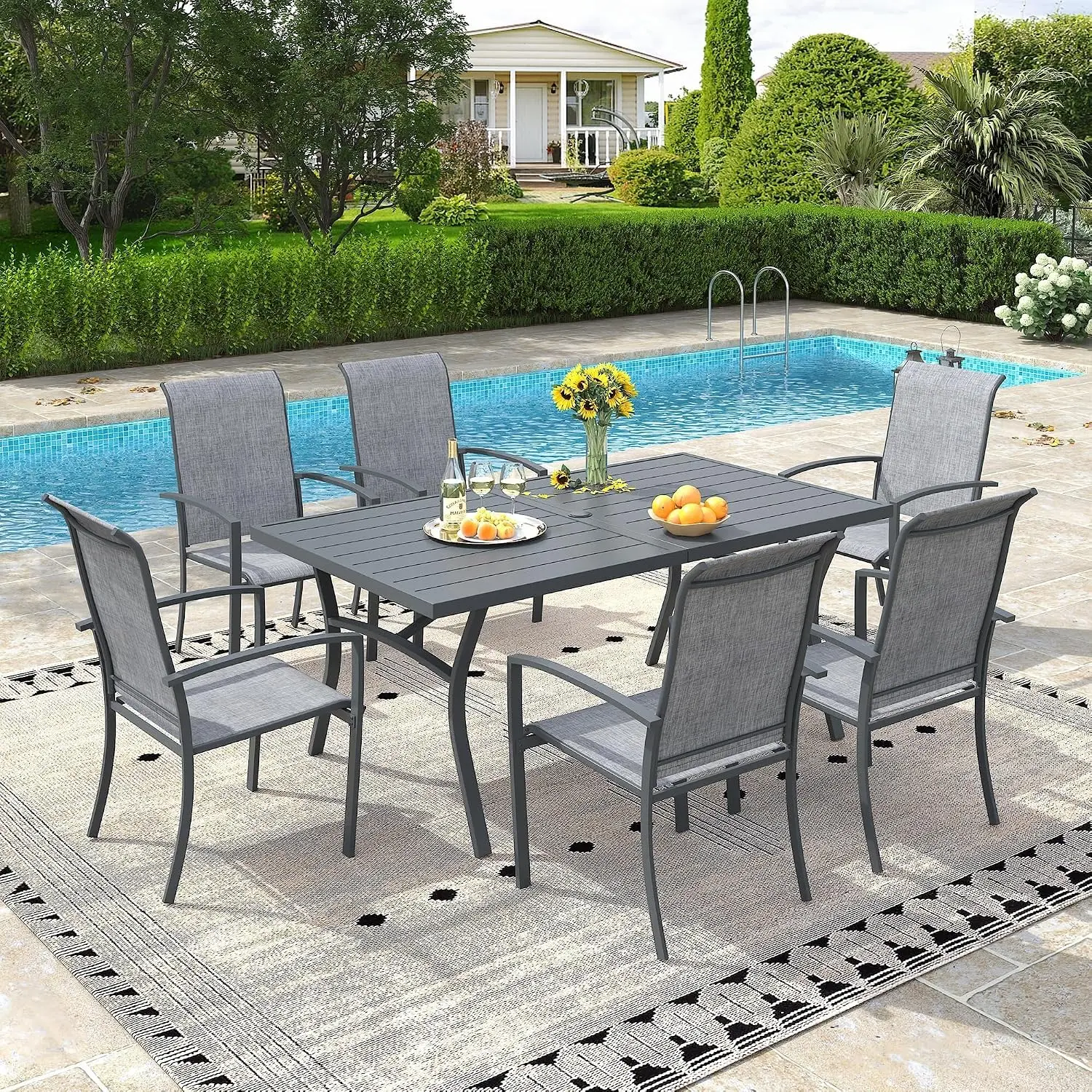 Patio Dining Table Seats 6 Outdoor Rectangular Metal Dark Grey 63 Inch Umbrella Hole Porch Backyard Garden Deck