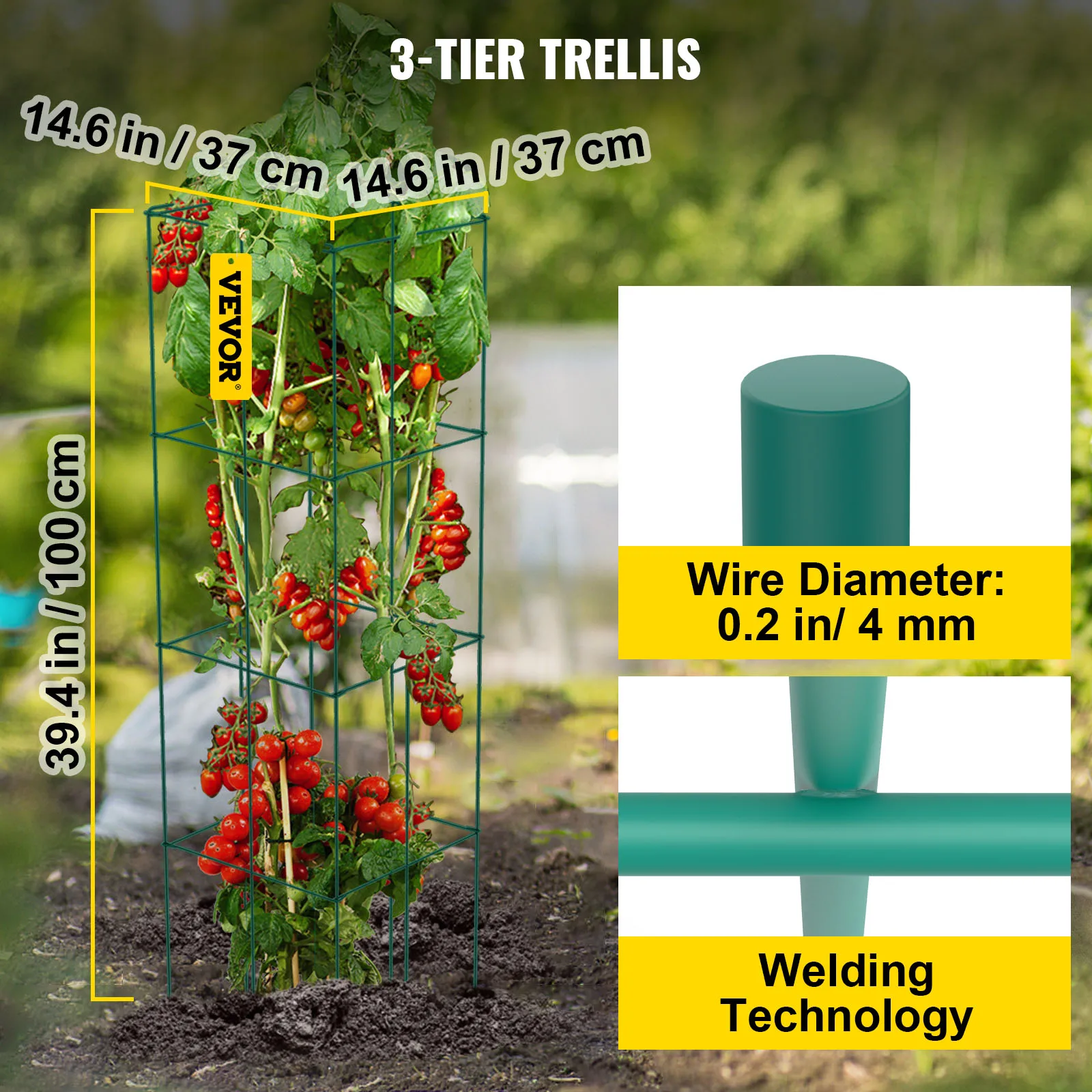 VEVOR Tomato Cages Plant Support Cages 3/5/6/10 Pack Square Steel 3.3 /3.8 FT Green for Garden Plant Care Soil & Accessories