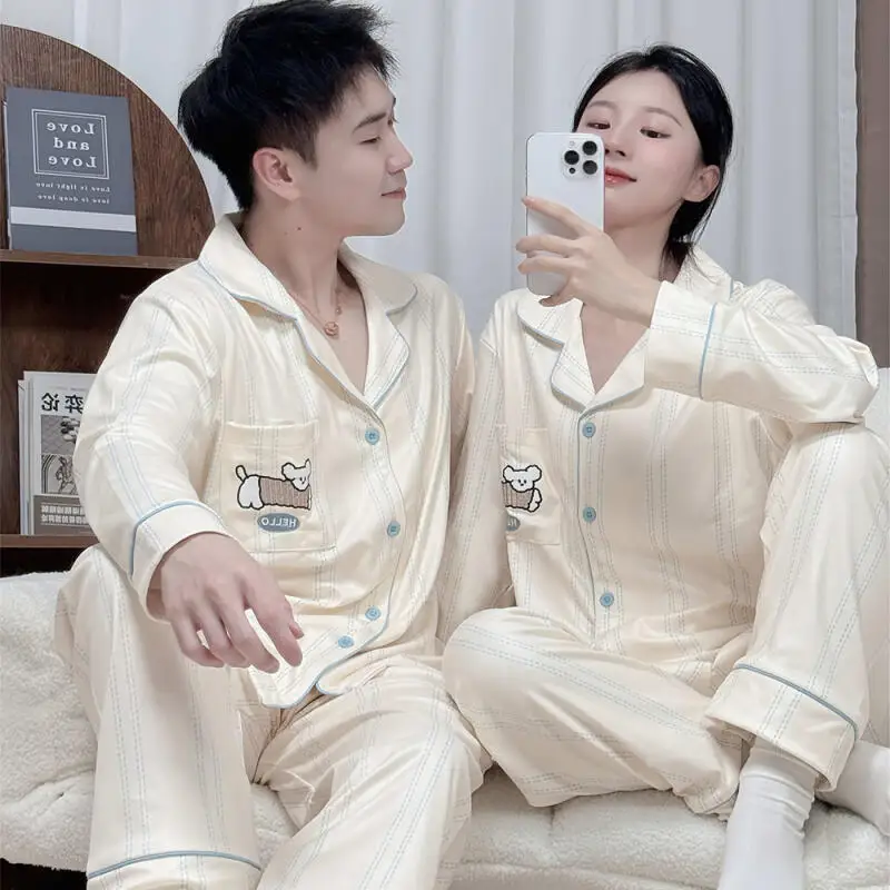 Women Men Winter Autumn Sleepwear Pajamas Set Acrylic 2Pcs Lapel Couple Shirt&pants Nightwear Long Sleeve Outdoors Home Clothes