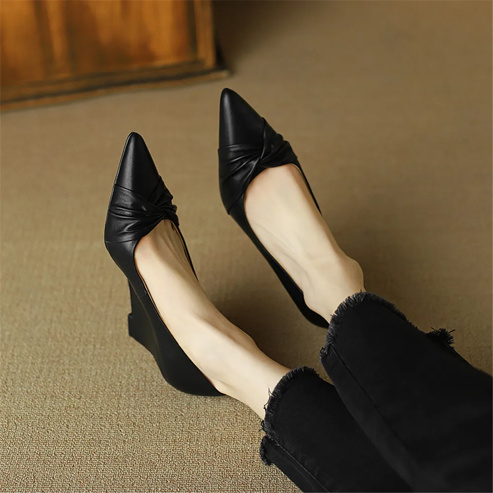 FEDONAS New Women Wedges High Heels Pumps Elegant Cow Leather Pointed Toe Basic Spring Summer Shoes Woman Office Pumps