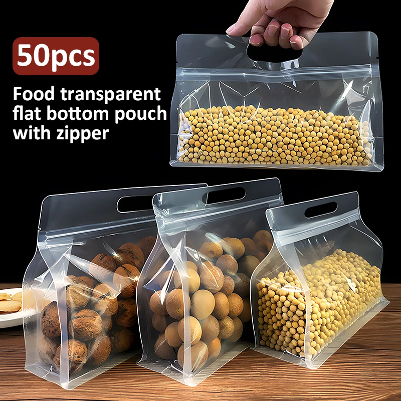 50pcs Factory Wholesale Zipper Top Self Sealing Clear Flat Bottom Pouch for Nuts Spice Plastic Food Packaging Bags with Handle