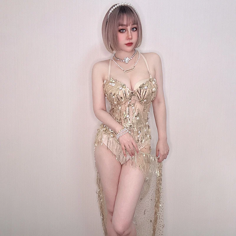New Guest Gogo Female Song Golden Tassel Bodysuit Sexy Nightclub Bar Stage Performance Clothing Cross Dressing Queen Performance