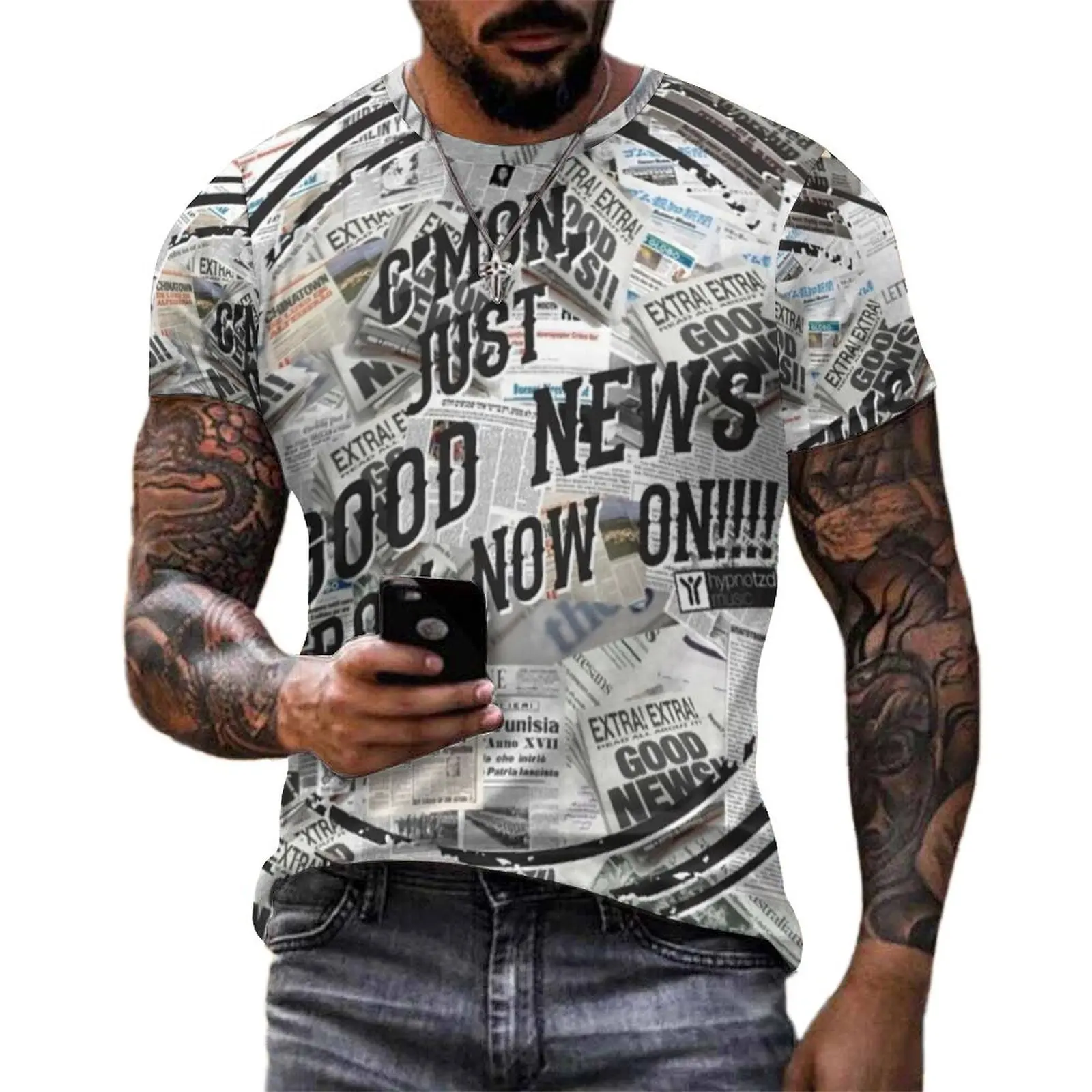Men Vintage Newspaper T Shirt Headlines Collage Hippie T Shirts Short Sleeve Design Tshirt Beach Casual Plus Size Top Tees
