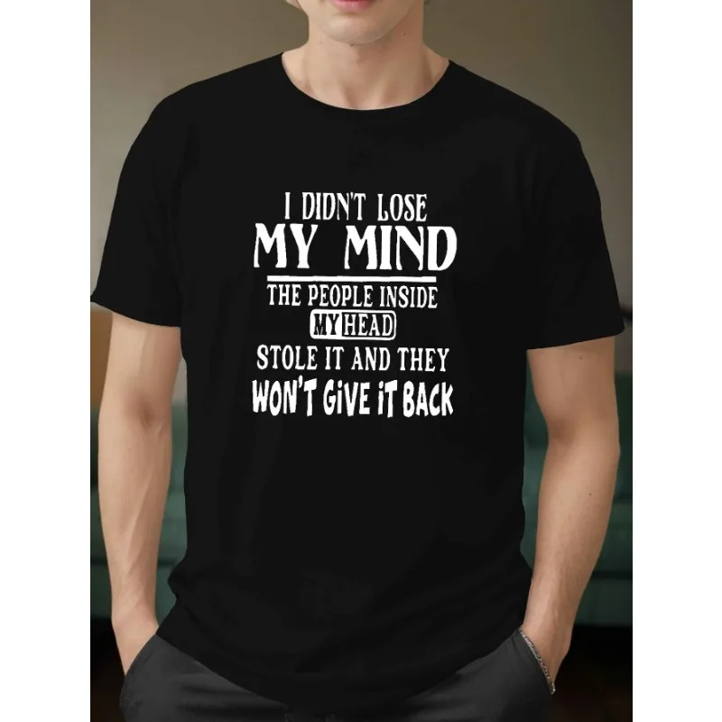 

Plus Size Men'S Summer T-Shirt, Polyester Crew Neck Casual Tee, Regular Fit Knit Fabric Top, with "I Didn't Lose My Mind"