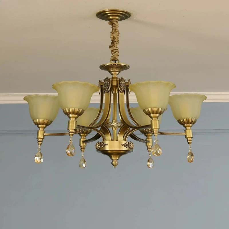 Crystal all-copper chandelier retro living room study aisle atmospheric copper lamp