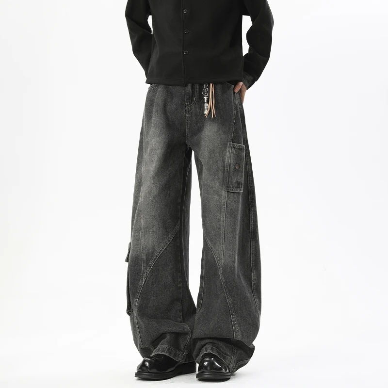 

Мужские весенние джинсы High Street, однотонные стиральные лоскутные повседневные брюки с большими карманами и изогнутыми ножками, широкие джинсовые брюки