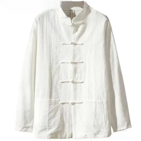 

Мужская рубашка Ханьфу большого размера из хлопка и льна с длинным рукавом на пуговицах, традиционная китайская одежда для весны и осени, повседневная этническая одежда