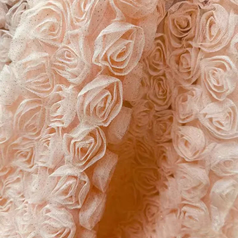 Gold Powder Pink 3D Rose Plate Flower Mesh Fabric for DIY Clothing and Doll Costumes Wedding Dress