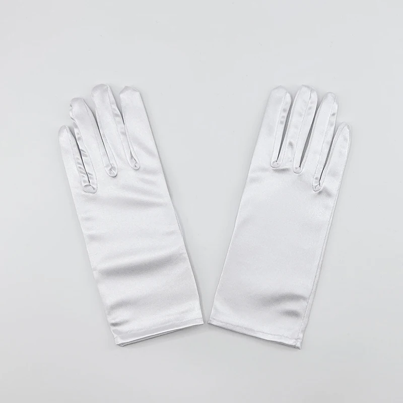 Sarung Tangan Pergelangan Tangan Pendek Hitam Putih Satin Elastis Elegan Wanita Aksesori Etiket Pesta Perjamuan Gaun Pengantin Warna Solid