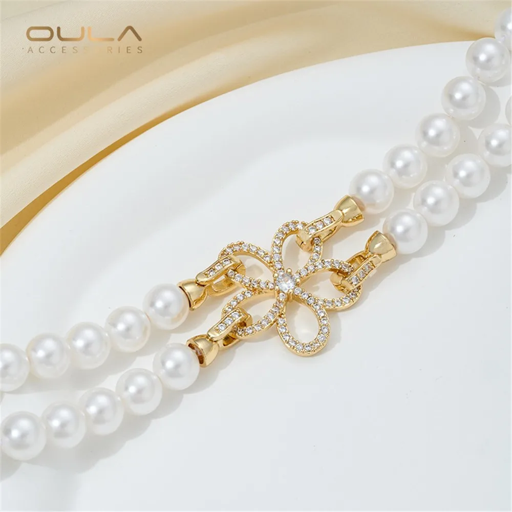 14K Gold Color Inlaid Zircon Camellia Multi-hanging Plum Blossom Pearl Necklace Connecting Buckle Diy Handmade Accessory Materia