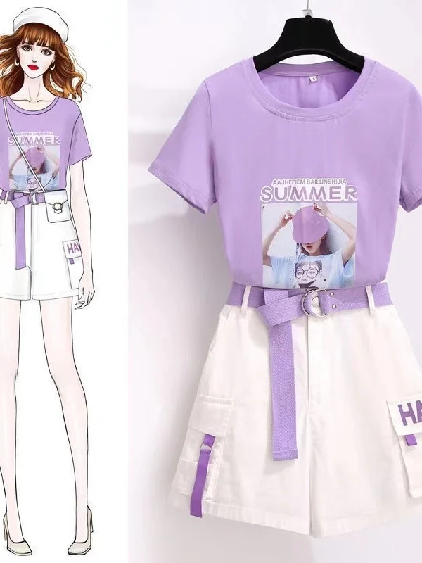 

Летний модный женский комплект больших размеров: шорты с высокой талией, скрывающие недостатки фигуры, и стройнящий топ, комплект из двух предметов в корейском стиле для повседневной носки.