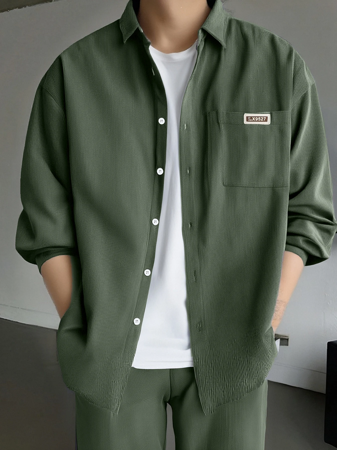 

Men's Minimalist Loungewear, Solid Caramel Single Pocket Label Shirt & Matching Trousers