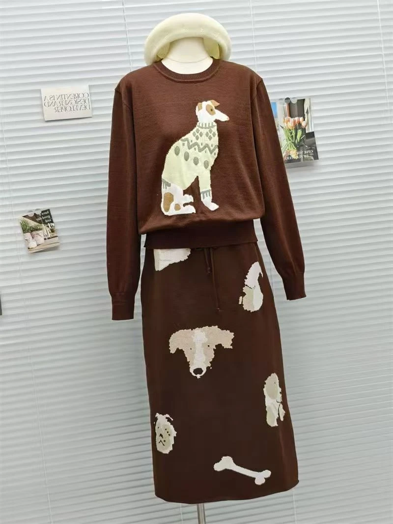 レディース子犬パーティー ニットセータースカートセット 秋冬暖かい犬クロップトップ＆ミディAラインスカート スリムで居心地の良い2ピースアウトフィット