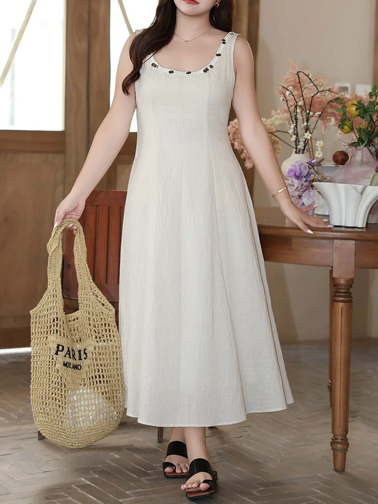 Linen Tank Dress Women Plus Size Summer 2024 Good Quality French Slim Waist Elegant Bronze Sequined Sleeveless Long Dress