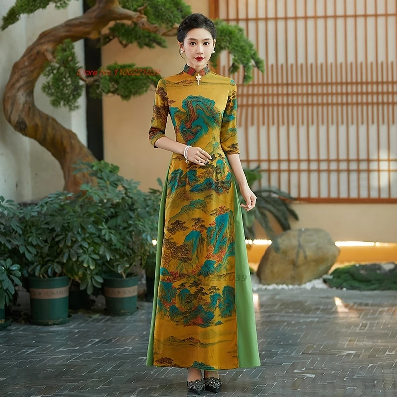 

2024 ao dai vietnam traditional qipao dress chinese vintage dress cheongsam oriental elegant flower print banquet evening dress