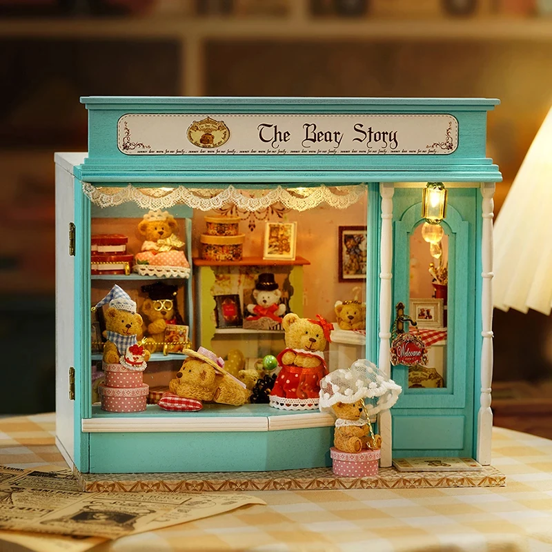 

OUZEY DIY Wooden Doll House The Bear Story Miniature Model Kit with Furniture Roombox for Girls Xmas Gifts