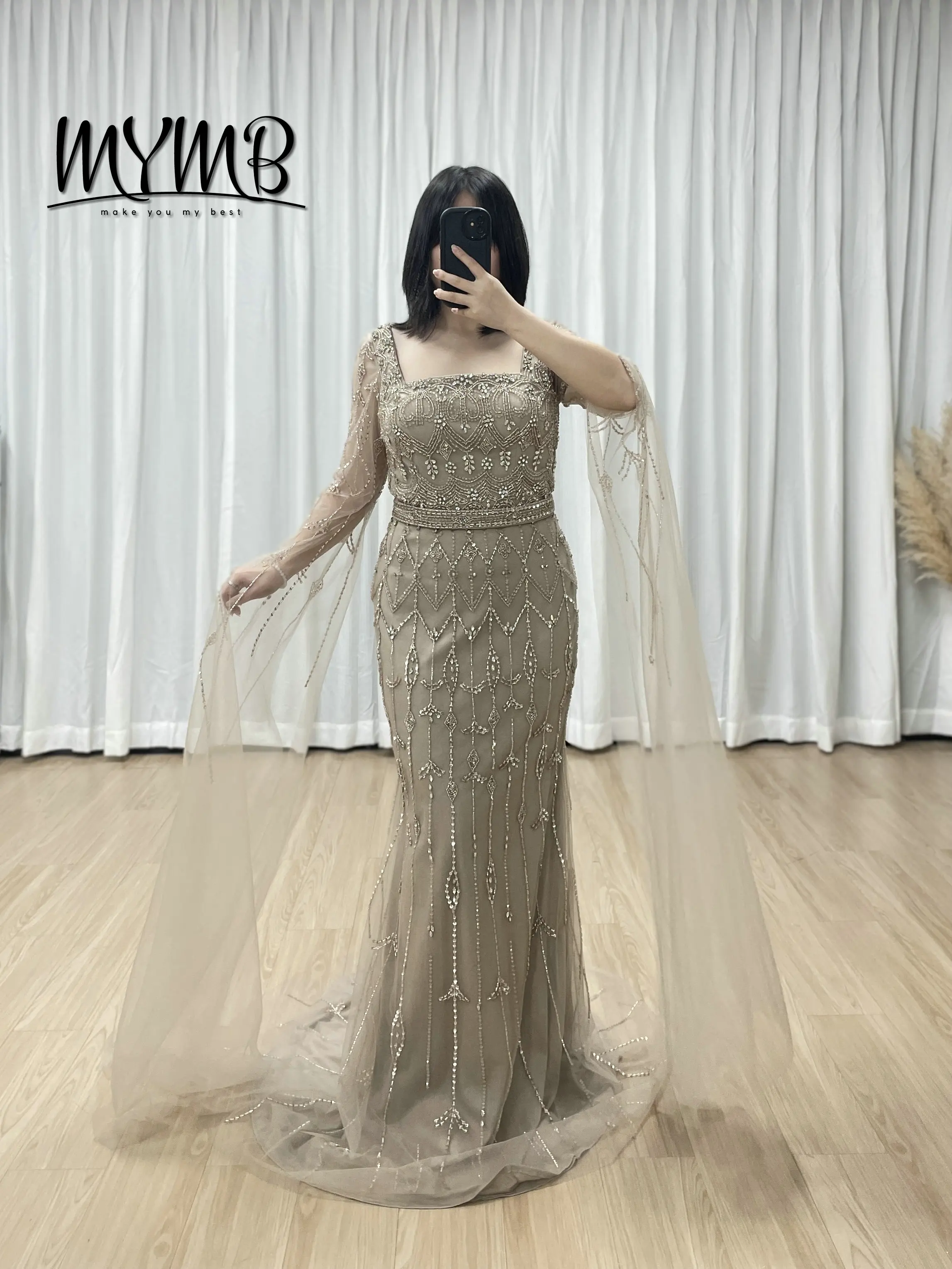 

MYMB Unique Formal Gown Caramel Color Beaded Evening Dresses With Long Sleeves Detachable Cape and Floor Length for Prom MC20100