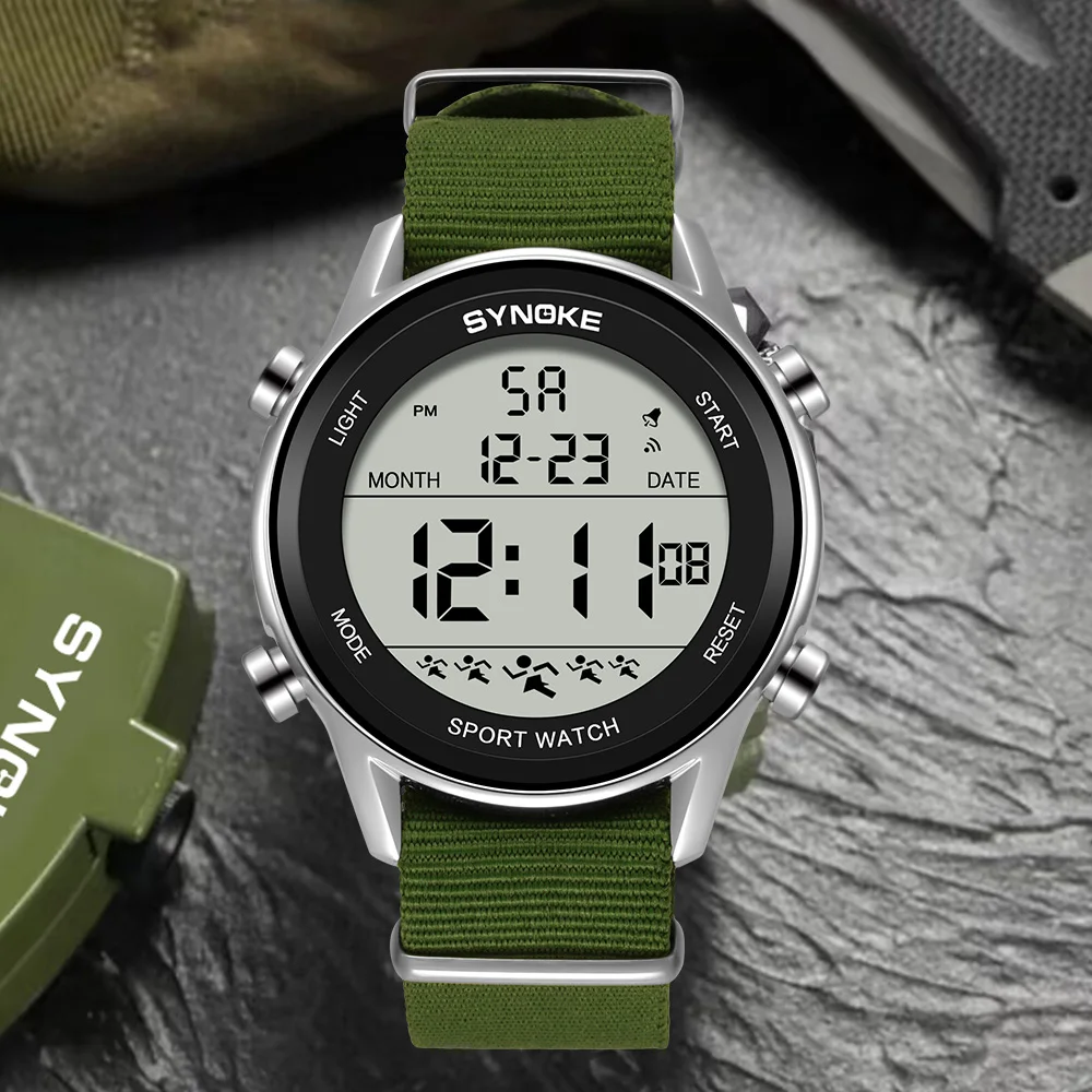 ساعة Synoke للرجال رياضية خارجية متعددة الوظائف مقاومة للماء وشاشة كبيرة ومضيئة LED رقمية للرجال بحزام من النايلون