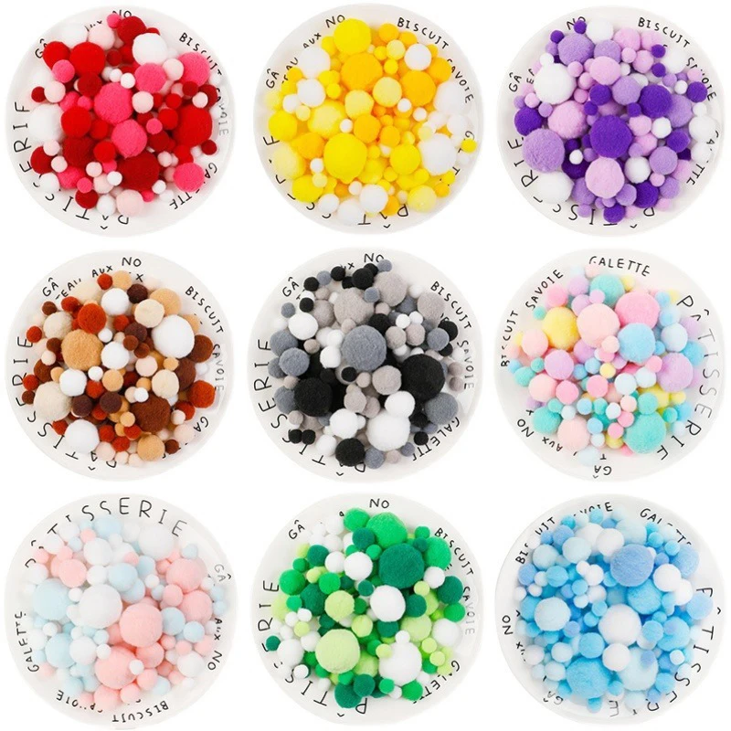 

130PCS Macaron Pompom Fur Balls 1CM TO 3CM Pompones Wedding Decor Glue On Cloth Accessories DIY Soft Pom Poms Craft