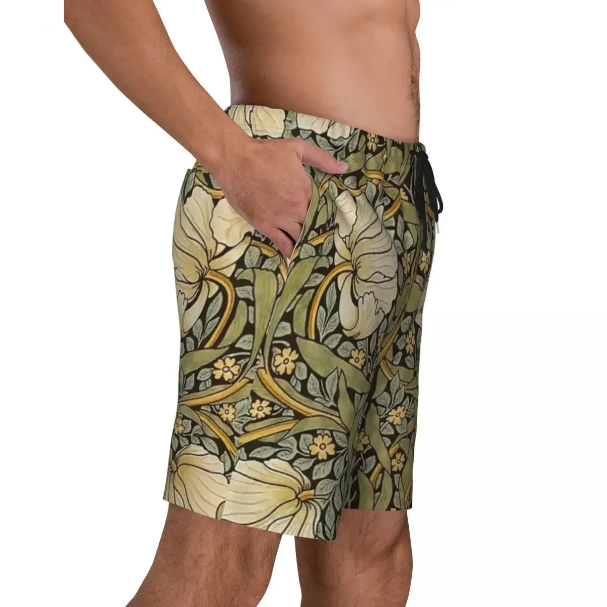 William Morris Pimpernel Print Men's Swim Trunks Quick Dry Swimwear Beach Board Shorts Floral Textile Pattern Boardshorts