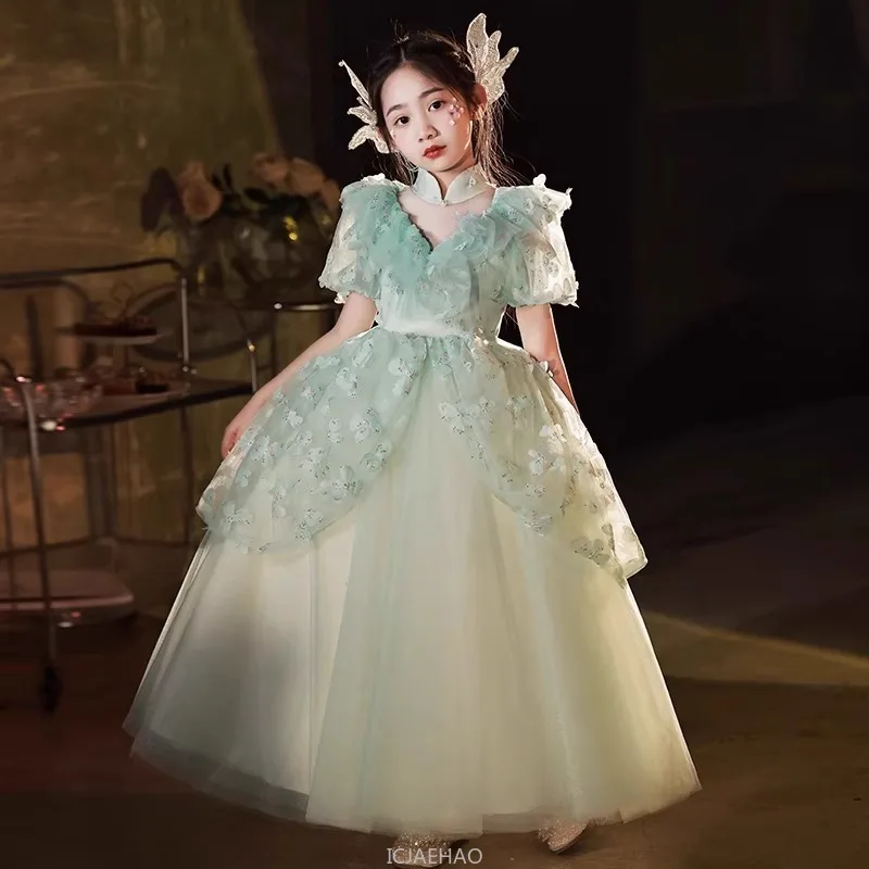 Party Dress Green Girls Pageant Dresses Piano Recital Performance Formal Wear Kids Host Princess Gown Birthday Party Outfits